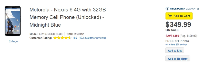 Illustration for article titled Friendly Notice: Nexus 6 discounted at Best Buy!